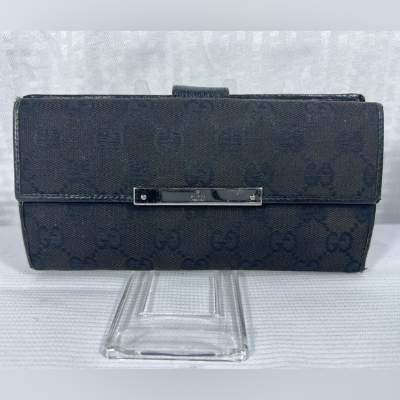 Gucci Handbags - 1023: Gucci GG Black Canvas Continental Wallet Leather Trim